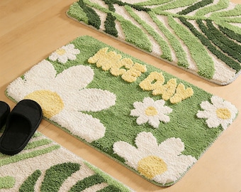 Green Abstract Tufted Rug, Tropical Plant Leaves Non-Slip Mat, Cottagecore Aesthetics Bath Carpet, Modern Bathroom Decor, Housewarming Gifts
