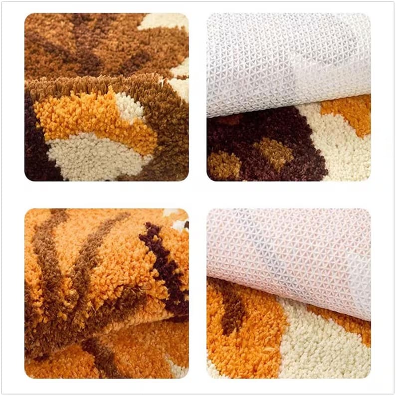 May include: Close-up of a patterned rug with a non-slip backing. The rug features a design in shades of brown, orange, and cream. The texture appears soft and plush, with a detailed view of the fibres and the backing material.