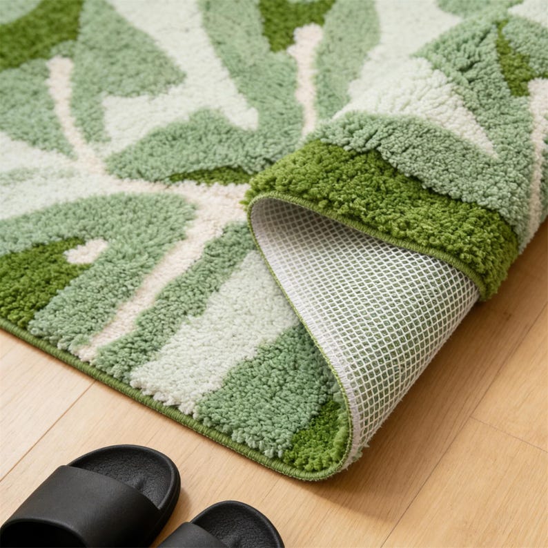 May include: A rolled-up bath mat with a leaf pattern in shades of green and white. The mat has a non-slip backing. The rolled edge reveals the white backing. Black sandals are on a wooden floor.