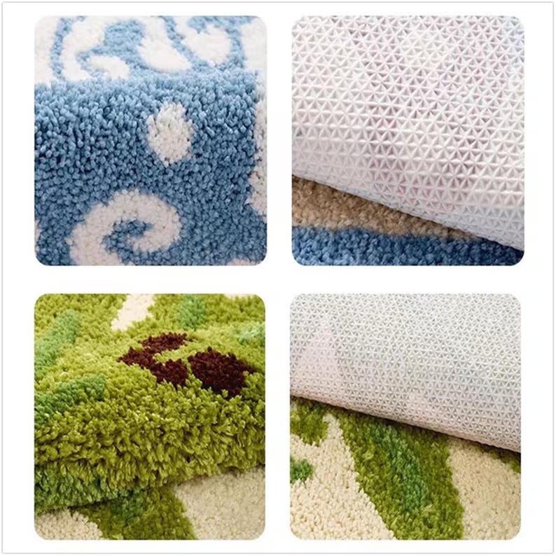 May include: Four sections of bath mats are shown. The top left mat is blue with white swirls. The top right shows the white, textured underside. The bottom left mat is green with brown and white accents. The bottom right shows the white, textured underside.