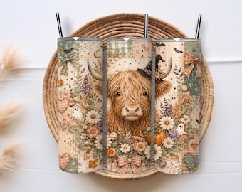 Halloween Highland Cow 20oz Skinny Tumbler Sublimation PNG Wrap, Floral Fall Cow Design Digital Download