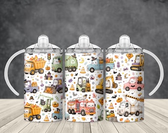 Cute Halloween Construction Vehicle 12 oz Kids Sippy Cup Sublimation PNG Wrap, Trucks Ghost Digital Download