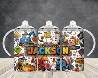 Personalized Halloween Construction Sippy Cup Wrap PNG, 12oz Kids Construction Vehicle Cup Sublimation, Little Builder Digital Download