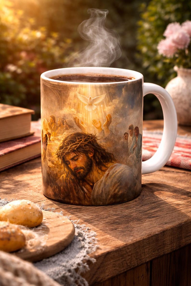 K&ouml;nnte beinhalten: Eine wei&szlig;e Keramik-Kaffeetasse gef&uuml;llt mit dunklem Kaffee, aus der Dampf aufsteigt. Die Tasse zeigt ein religi&ouml;ses Gem&auml;lde von Jesus mit einer Dornenkrone, einer Taube und Figuren im Hintergrund. Die Tasse steht auf einem Holztisch mit Brot und B&uuml;chern.