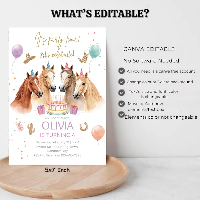 Puede incluir: Una invitaci&oacute;n de fiesta de cumplea&ntilde;os de 5x7 pulgadas con un dise&ntilde;o de acuarela. La invitaci&oacute;n presenta cuatro caballos, una tarta de cumplea&ntilde;os y decoraciones de fiesta. El texto incluye "It's party time! Let's celebrate!" y detalles para el cumplea&ntilde;os de Olivia.
