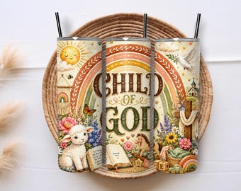 Child of God 20oz Skinny Tumbler Sublimation PNG Wrap, Christian Kids Floral Rainbow Bible Digital Download Design