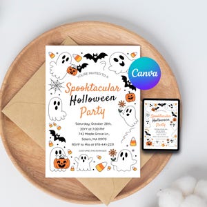 May include: A Halloween party invitation with a festive design. The invitation features ghosts, bats, pumpkins, and candy corn. Text reads "Spooktacular Halloween Party" with event details. A digital tablet displays the same invitation. The invitation is on a wooden tray.