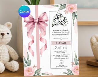 Muslim Baby Birth Announcement Template | Editable Islamic Baby Girl Video Invite | Pink Bow Canva Design