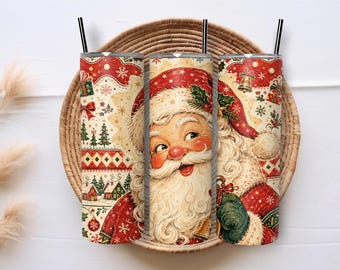 Vintage Santa Tumbler Wrap PNG, Retro Christmas 20oz Skinny Sublimation, Nostalgic Santa Claus Holiday Digital Download