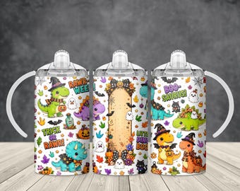 Cute Dinosaur Halloween 12 oz Kids Sippy Cup Sublimation PNG Wrap, Pumpkin Ghost Fall Digital Download