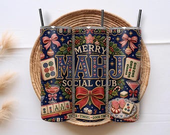 Christmas Mahjong Tumbler Wrap PNG, Mahjong Social Club 20oz Skinny Sublimation, Merry Mahj Game Night Holiday Digital Download