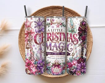 Christmas Magic 20oz Skinny Tumbler Wrap PNG, Pink Purple Glitter Holiday Sublimation, Sparkle Wish Believe Digital Download
