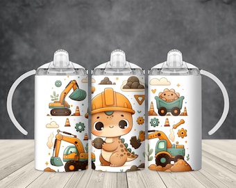 Cartoon Dino 12oz Sippy Cup png Sublimation Design, Straight Construction Trucks Kids Wrap png Boys Gift