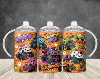 Cute Halloween Monster Truck 12 oz Kids Sippy Cup Sublimation PNG Wrap, Ghost Pumpkin Kids Digital Download