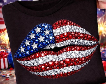250th USA Anniversary Rhinestone Lips PNG Patriotic Kiss Design American Flag Lips Sublimation File for Shirts Hoodies