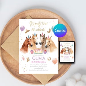 Puede incluir: Una invitaci&oacute;n de cumplea&ntilde;os con ilustraciones de acuarela de caballos con sombreros de fiesta. La invitaci&oacute;n incluye el texto "It's party time! Let's celebrate!" y detalles para la fiesta de cumplea&ntilde;os n&uacute;mero 4 de Olivia.