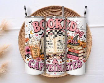 Book Lover Tumbler Wrap PNG, 20 oz Skinny Tumbler Sublimation Design, Reading Coffee Halloween Digital Download, Bookish Gift