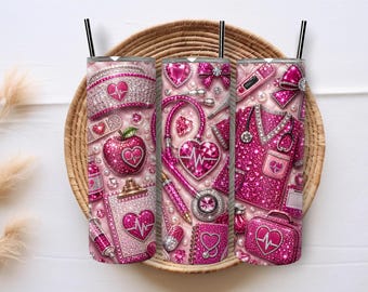 Nurse Tumbler Wrap PNG, Pink Rhinestone 20oz Skinny Tumbler Sublimation, RN Medical Scrubs Glitter Design, Nurse Gift Digital Download