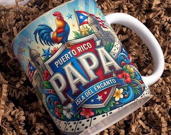 Puerto Rico Papa Mug Wrap PNG, Spanish Father’s Day Design, Boricua Dad Isla del Encanto 11oz 15oz Sublimation