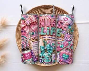 Nurse Life 20oz Skinny Tumbler Wrap PNG, Pink Teal Glitter RN Sublimation, Medical Stethoscope Nurse Gift Digital Download