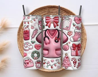 Pink Christmas Nurse Tumbler Wrap PNG, Coquette Nurse 20oz Skinny Sublimation, Holiday RN Medical Bow Gift Digital Download