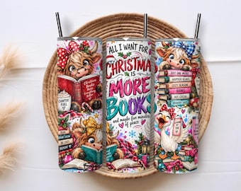 Christmas Book Lover Tumbler Wrap PNG, Highland Cow 20oz Skinny Sublimation, Cozy Reading Bookish Holiday Reader Gift Digital Download