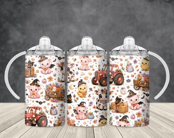 Cute Farm Halloween 12 oz Kids Sippy Cup PNG Wrap, Pig Cow Tractor Pumpkin Sublimation Digital Download
