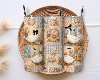 Halloween Goose 20oz Skinny Tumbler Sublimation PNG Wrap, Vintage Patchwork Farmhouse Design Digital Download