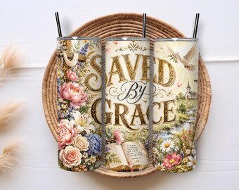 Saved By Grace 20oz Skinny Tumbler Sublimation PNG Wrap, Christian Bible Verse Floral Digital Download Design