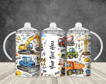 Personalized Construction 12oz Sippy Cup Wrap PNG, Custom Name Excavator Dump Truck Bulldozer Sublimation, Kids Digital Download
