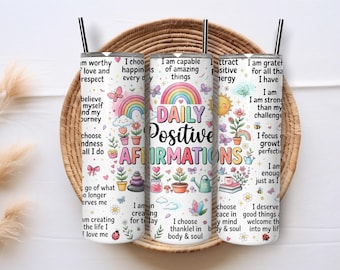 Positive Mindset Affirmations  20oz Skinny Tumbler Sublimation PNG Wrap, Motivational Self Care Gift PNG Digital Download
