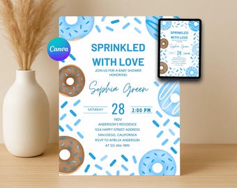 Blue Donuts Baby Sprinkle Invitation: Sweets Theme, Editable Canva Template