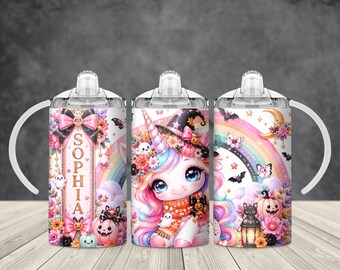 Cute Halloween Unicorn 12 oz Kids Sippy Cup Sublimation PNG Wrap, Pink Ghost Pumpkin Rainbow Digital Download