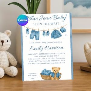 Blue Jean Baby Shower Invitation Set for Boy Editable Denim Theme Invite Template A Blue Jean Baby Is On The Way Digital Printable