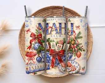 Christmas Mahjong 20oz Skinny Tumbler Wrap PNG, Merry Little Mahj Club Sublimation, Chinoiserie Holiday Game Night Download