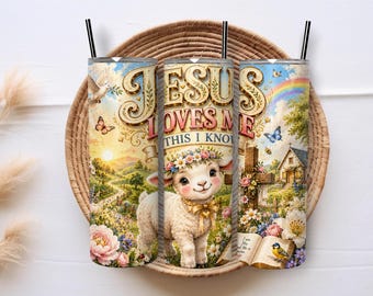 Jesus Loves Me 20oz Skinny Tumbler Sublimation PNG Wrap, Christian Lamb Bible Verse Floral Digital Download Design