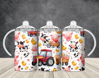 Farm Animals 12oz Sippy Cup Wrap PNG, Cute Tractor Design for Kids, Boy Girl Baby Cup Sublimation