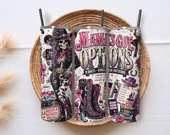 Western Mama 20oz Skinny Tumbler Wrap PNG, Skeleton Cowgirl Mom Sublimation, Pink Rodeo Boots Mama Chaos Digital Download