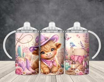 Highland Cow Cowgirl 12oz Sippy Cup Wrap PNG, Western Kids Sublimation Design, Country Girl Tumbler, Cute Farm Cow Digital Download