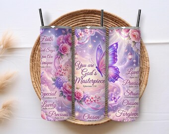 Christian Butterfly Tumbler Wrap 20oz Skinny PNG Gods Masterpiece Faith Sublimation Digital Download