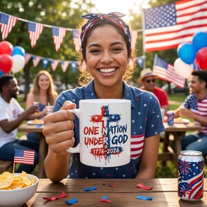 May include: A white ceramic mug with the text "ONE NATION UNDER GOD 1776-2026" and a cross design in red, white, and blue. The mug is held by a person wearing a patriotic shirt and headband, with American flags and decorations in the background.