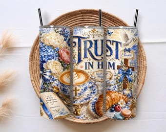 Trust in Him 20oz Skinny Tumbler Sublimation PNG Wrap, Christian Coffee Bible Verse Floral Digital Download Design