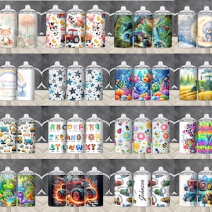 May include: A collection of stainless steel sippy cups with various designs. The cups feature illustrations of a fox, farm animals, tractors, dinosaurs, fish, bears, construction vehicles, letters, flowers, and race cars. Each cup has a white lid and handle.