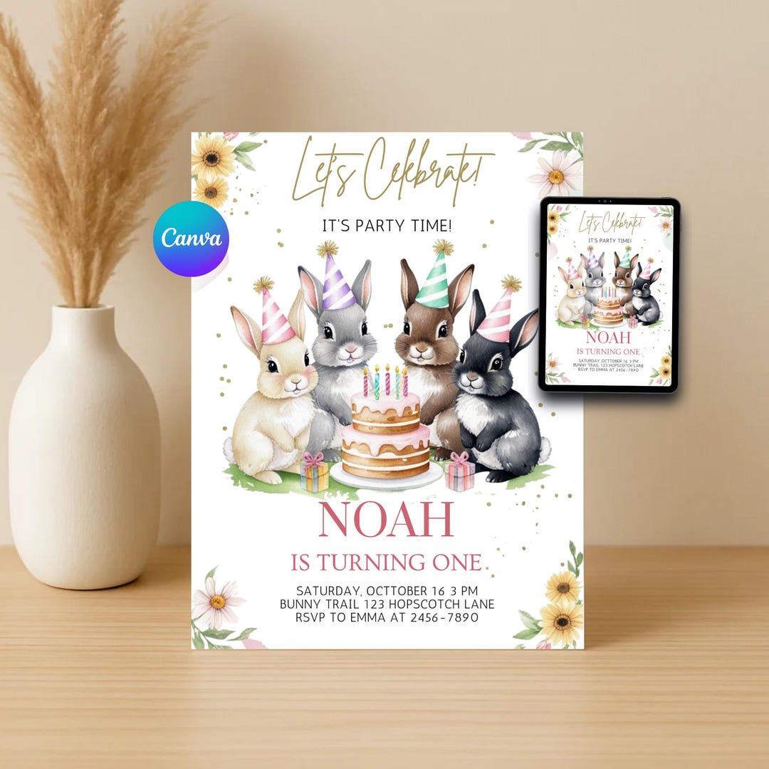 Bunny Birthday Invitation Template, Editable Canva Design, Cute Rabbit ...