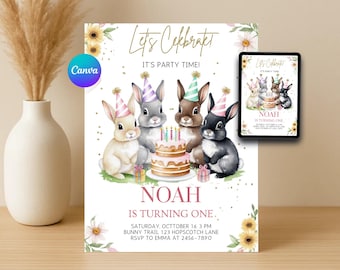 Bunny Birthday Invitation Template, Editable Canva Design, Cute Rabbit Party Invite for Kids, Printable Birthday Digital Download