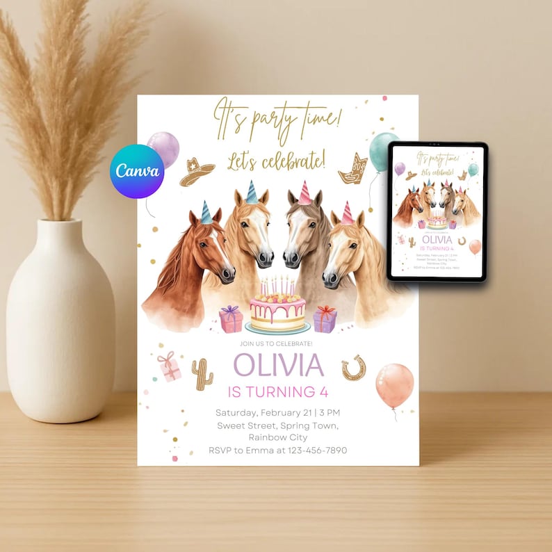 Horse Birthday Invitation, Cowgirl party invite, Pony Party Invite, Equestrian Birthday, Editable Digital Download