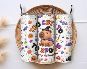 Inflated Too Cute to Spook 20oz Skinny Tumbler Sublimation PNG Wrap, Cute Halloween Capybara Inflated Design Digital Download