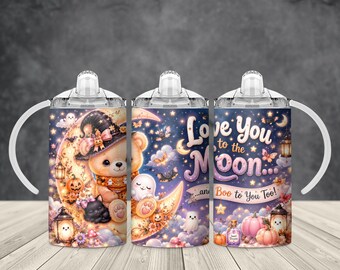 Halloween Teddy Bear Tumbler Wrap PNG, Love You to the Moon Boo to You Too, 12oz Kids Sippy Cup Sublimation, Digital Download