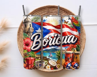 Puerto Rico Flag Soy Boricua Pride 20oz Skinny Tumbler Sublimation PNG Wrap, Puerto Rican PNG Digital Download