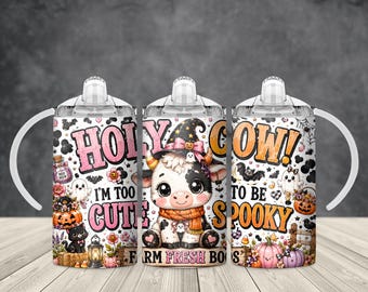 Cute Halloween Farm Cow 12 oz Kids Sippy Cup Sublimation PNG Wrap, Ghost Pumpkin Digital Download Design